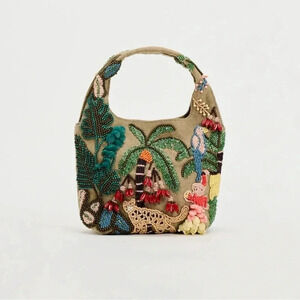 NWT Zara Beaded Mini Bucket Bag Canvas Jungle Tropical Animal 6525/310